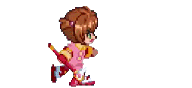 A video game sprite of Sakura Kinomoto from Cardcaptor Sakura rollerskating